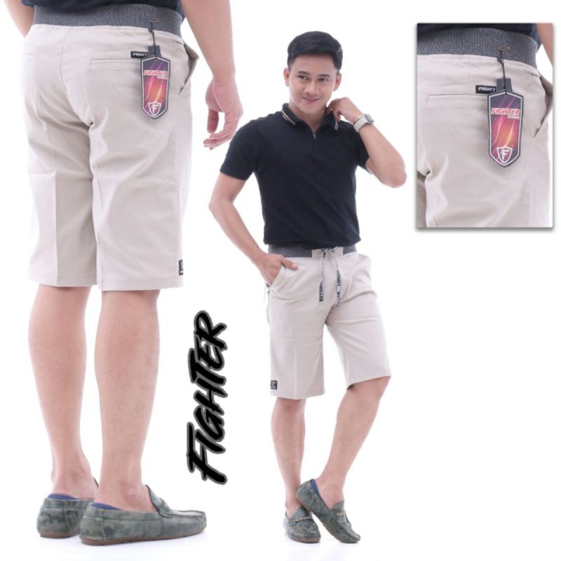 [BIG SIZE] Celana Chino fighter Pendek Pria pinggang karet rip bahan bos diamon krem coklat grey cream