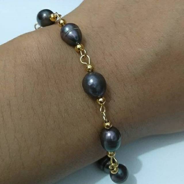 Gelang mutiara air tawar hitam silver