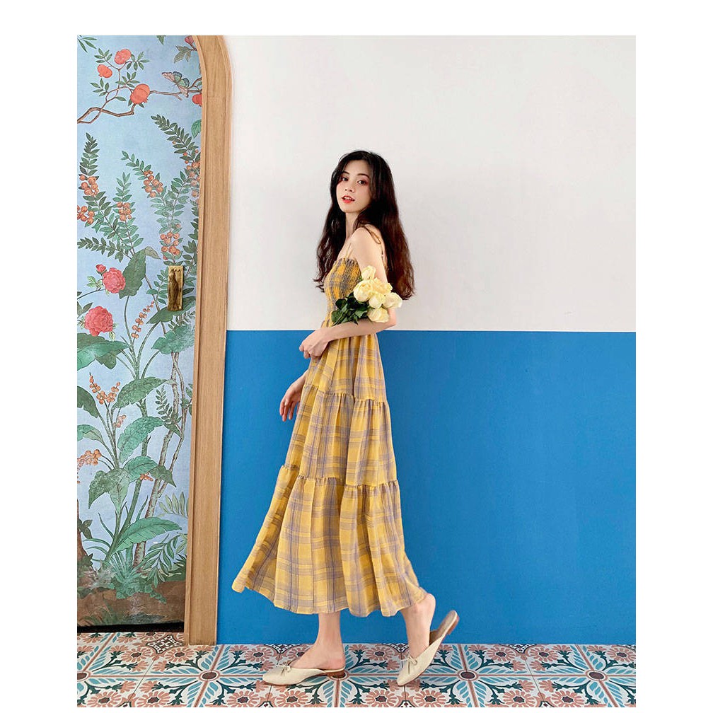KDR-49 mid-length summer dress tartan setelan wanita import korea