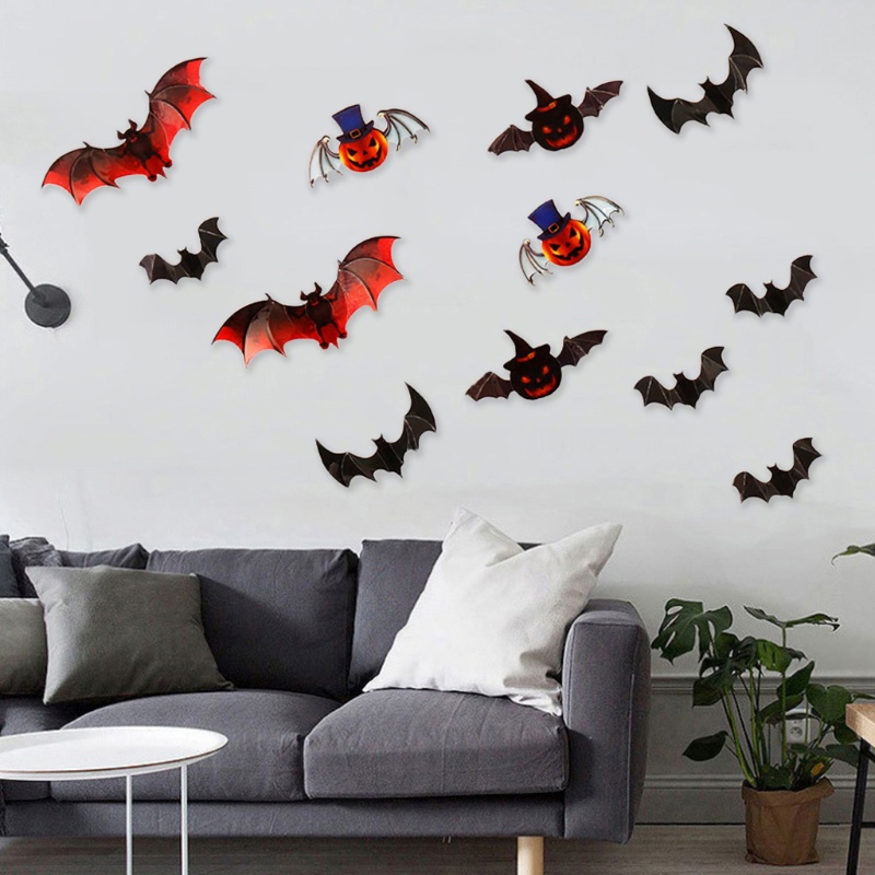 12 Pcs Stiker Dinding Decal Desain Kelelawar 3D Tahan Air Untuk Dekorasi Halloween