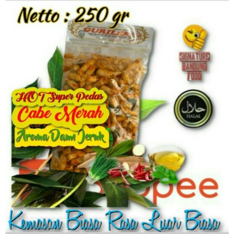 

250g Gurilem Mantap Khas Bandung - Rasa HOT/Super Pedas Cabe MERAH Aroma Daun Jeruk