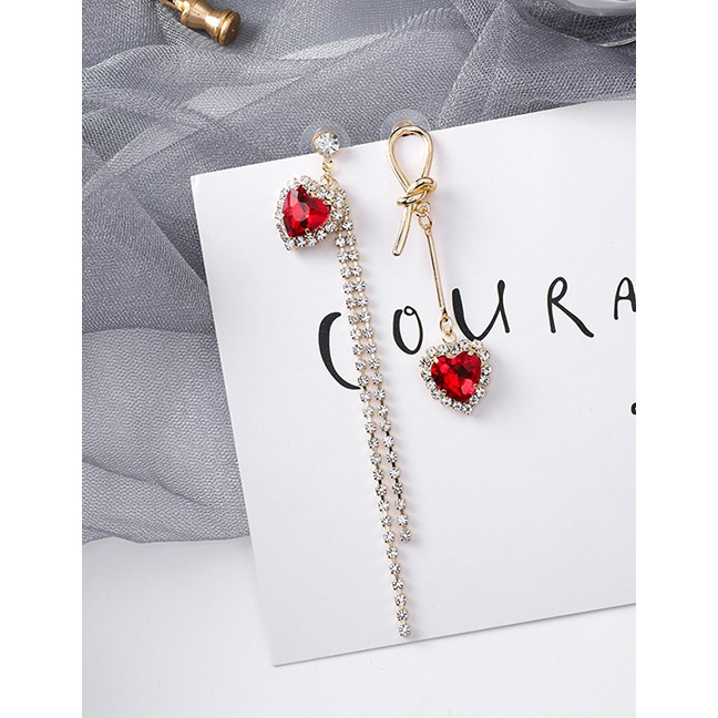LRC Anting Tusuk Fashion Red 925 Silver Studded Rhinestone Asymmetric Tassel Earrings D49916