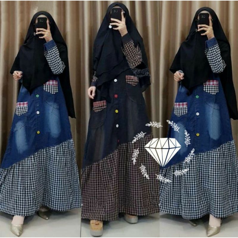 Gamis jeans kombinasi salur muslim busui katun stripe kerja kantor Levis denim Anne
