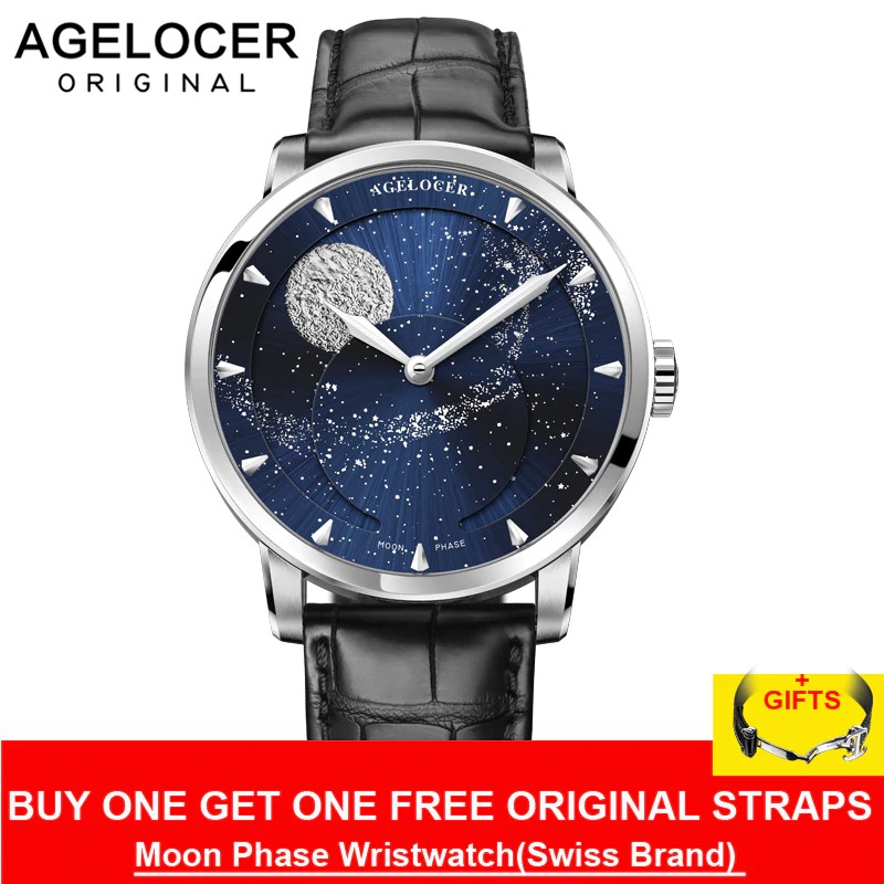 Jam tangan mekanik 2019 New Agelocer Luxury Brand Blue Automatic Watches Men Moon Phase Power