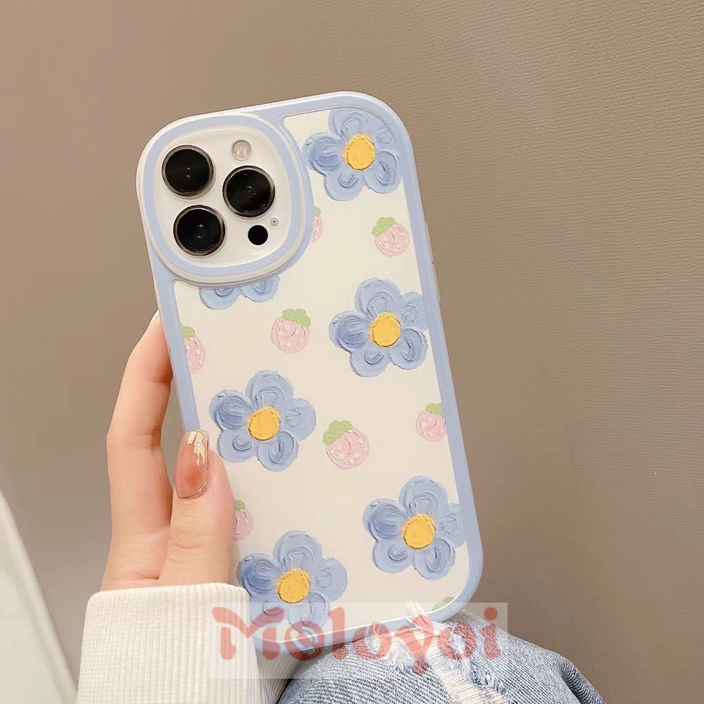 Oil Painting Blue Flowers Pink Strawberry Phone Case Compatible for IPhone 7 8 6 6s Plus 11 12 13 Pro Max X XR XS Max SE 2020 Shockproof Soft Back Cover