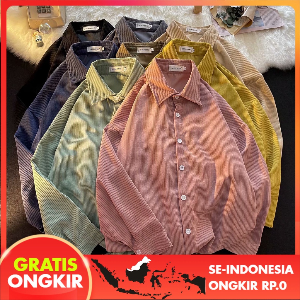 Kemeja Pria Warna Solid Corduroy Lengan Panjang In Beberapa Mahasiswa  Korea Tren Baju Casual