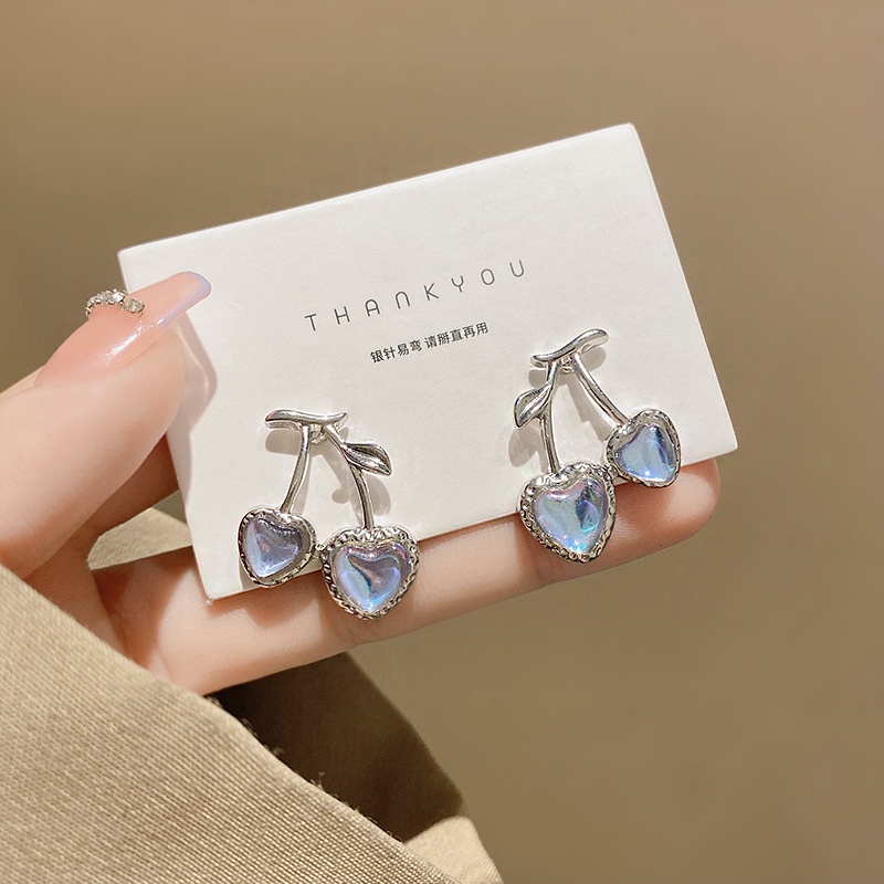 Anting Tusuk Bentuk Cherry Moonstone Bahan Alloy Lapis Silver Untuk Wanita