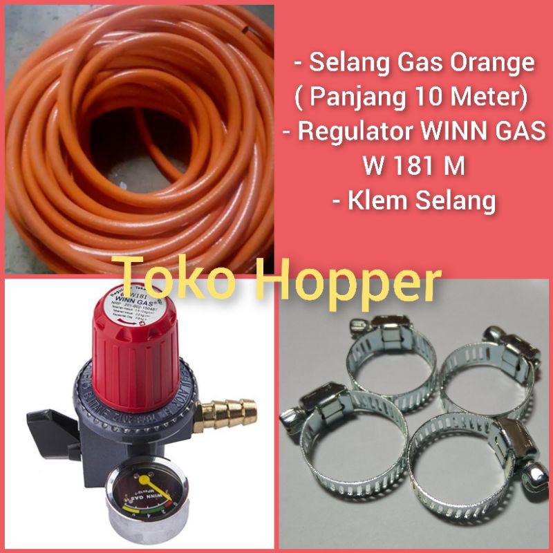 Selang Gas Orange Panjang 10 Meter dan Regulator Winn Gas W181M