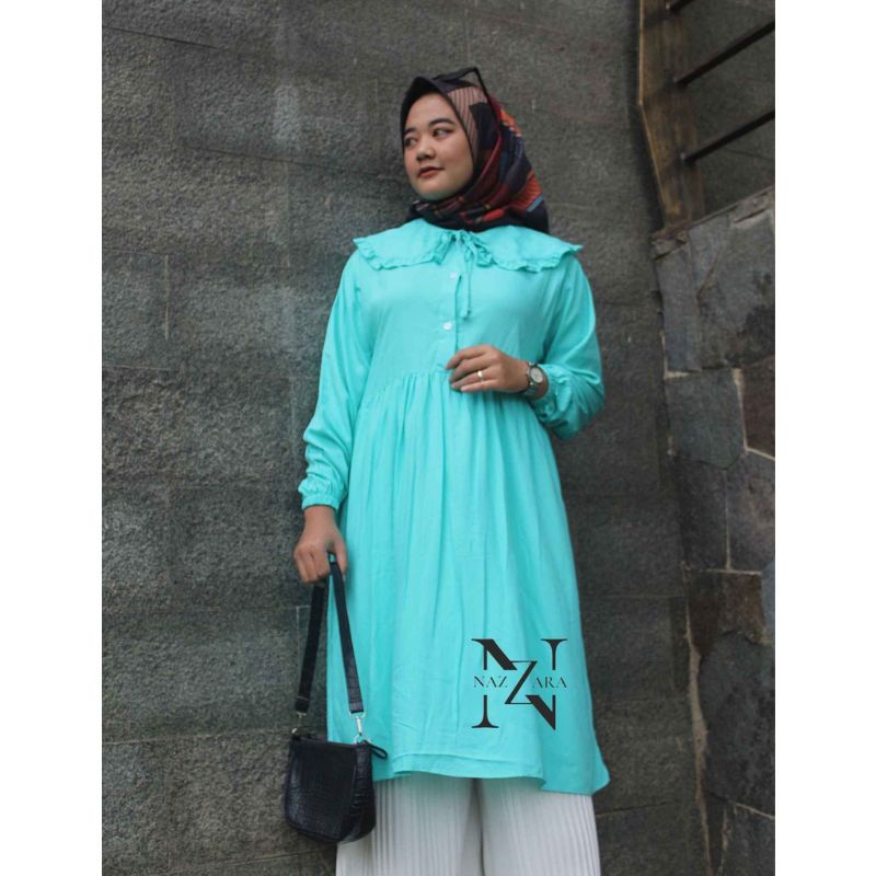 Pakaian Muslim Wanita - Kyra Midi Dress Rayon / Tunik Busui Kekinian/ Kerah Ala Korean Style Terlaris 2022