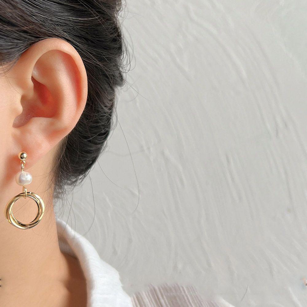 Needway Anting Wanita Trendi Mewah Pesta Emas Temperamen Bentuk Bulat Mutiara Drop Earrings