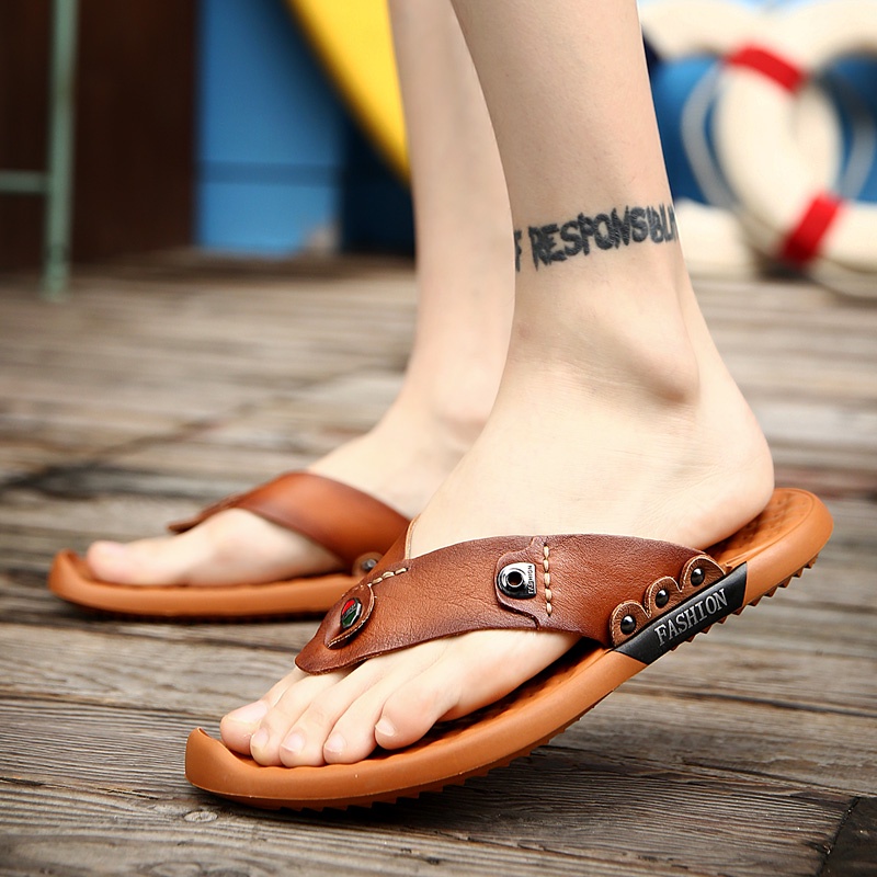 Sandal Pria Sandal Kulit Asli Sandal Jepit Sandal Rumah Sandal Santai Pria Sepatu Keren Outdoor Olahraga 040