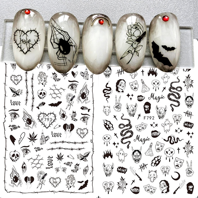 Stiker Kuku Motif Tengkorak / Laba-Laba / Mawar Untuk Dekorasi Nail Art / Pesta Halloween