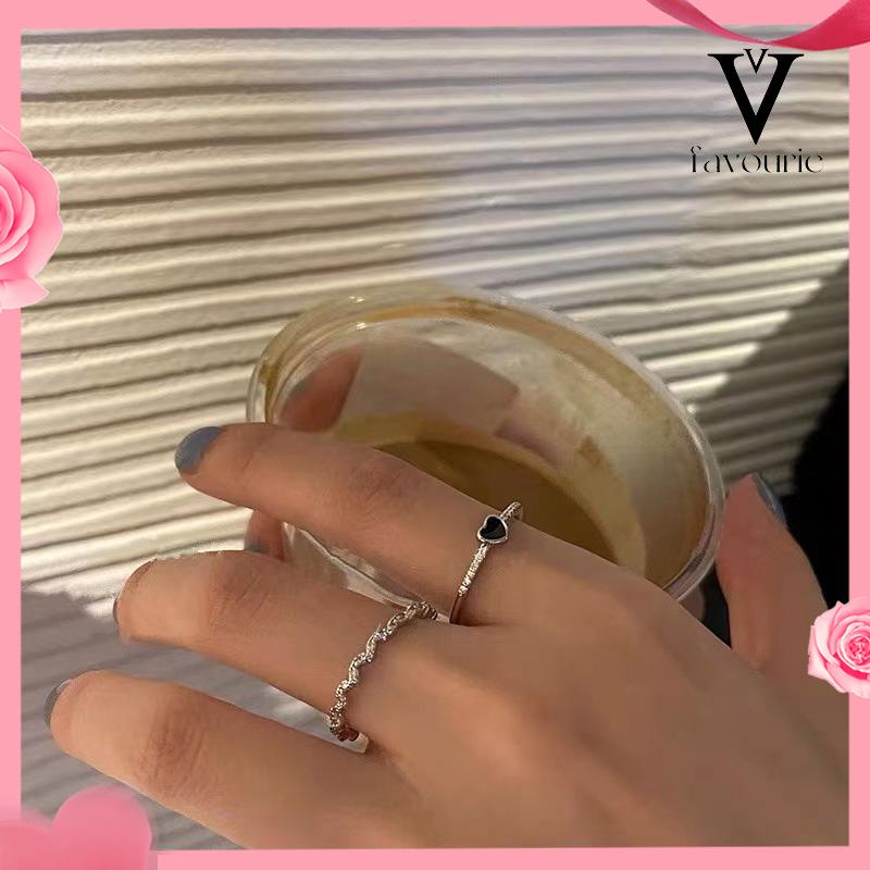 [COD]2 pcs Cincin Korea Cinta Zirkon Hitam Wanita High-end Fashion Kepribadian Jari Telunjuk Cincin-FA