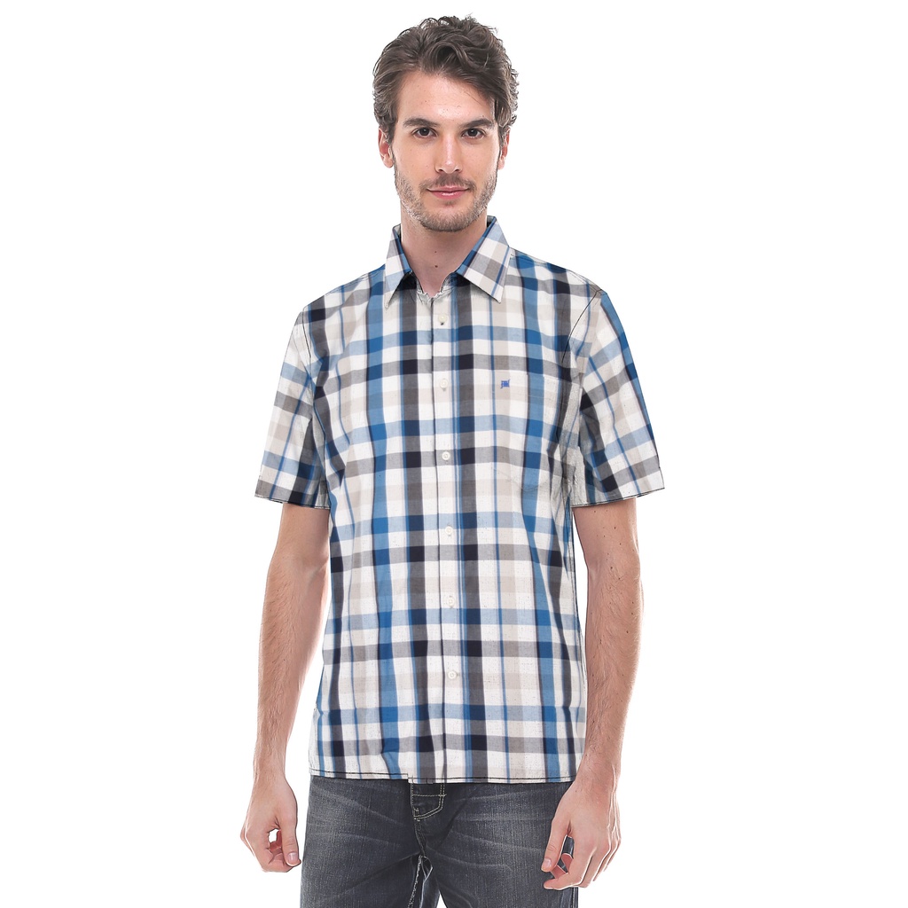 Kemeja Formal - Kemeja Pria - Lengan Pendek - Motif Kotak - Putih Krem Biru - FSH.650.G241.528.C S/S