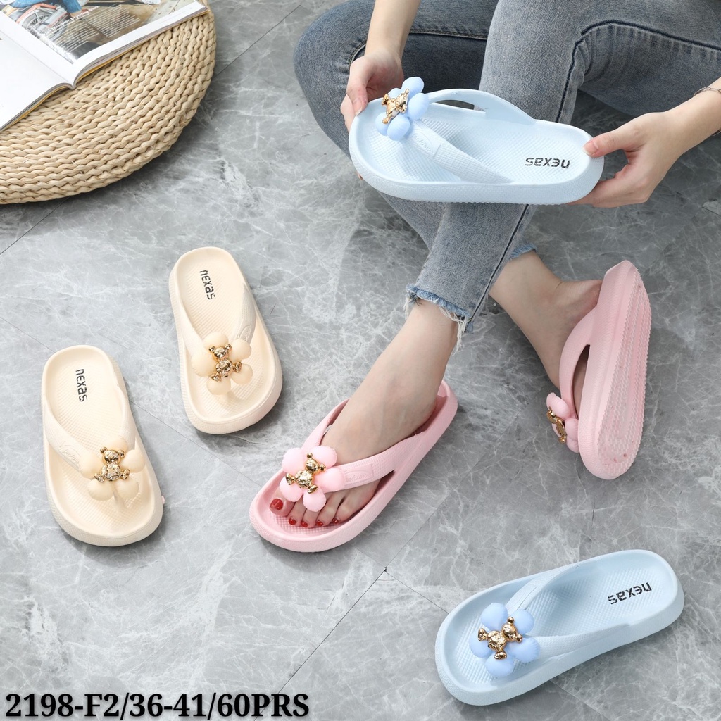 PVC Sandal Jepit Wanita Jelly Rubber Import Karet Lentur Sol Anti Slip Motif Flower Bear 1616