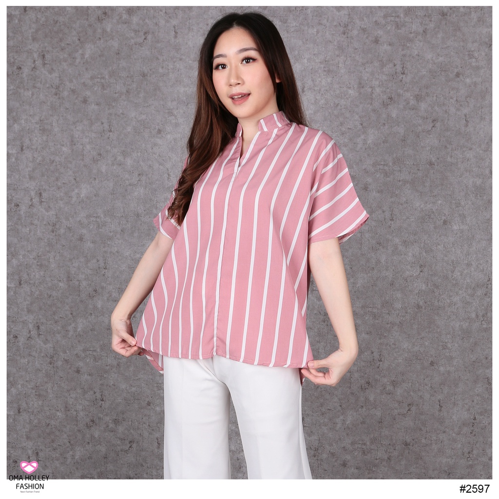 (COD) OH Fashion Hedy Blouse Salur Vneck Oversized Wanita #2597