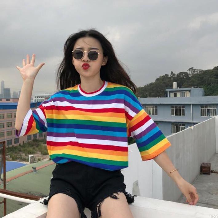 (kode-288) GFS TM KAOS T-SHIRT O-NECK MOTIF GARIS PELANGI SWEET RAINBOW 