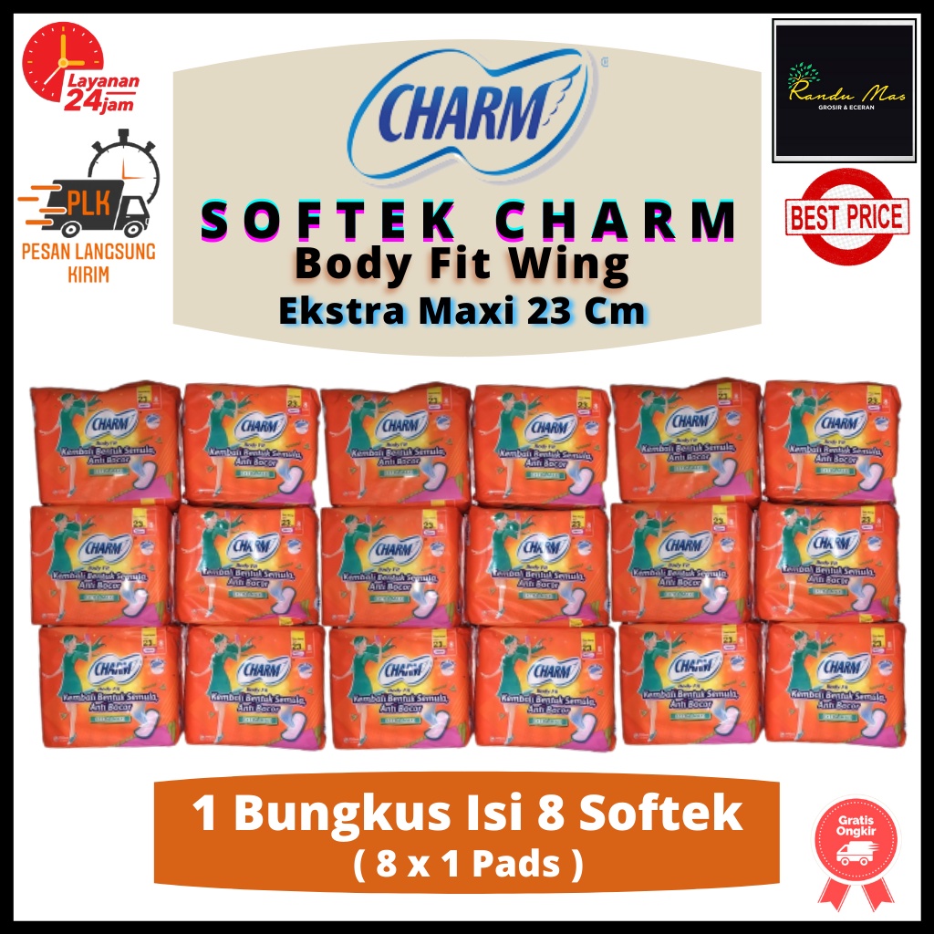 Charm Pembalut Body Fit 23Cm Wing Isi 8 Pads Softex Charm Wanita Extra Maxi Anti Bocor Softek Unicharm Original Ekonomis Kembali Bentuk Semula