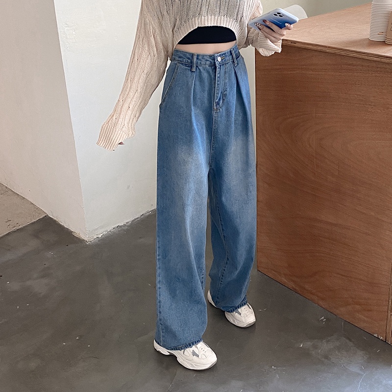 2022 Baru Import Highwaist Panjang Kekinian Biru Retro Kulot Jeans Wanita