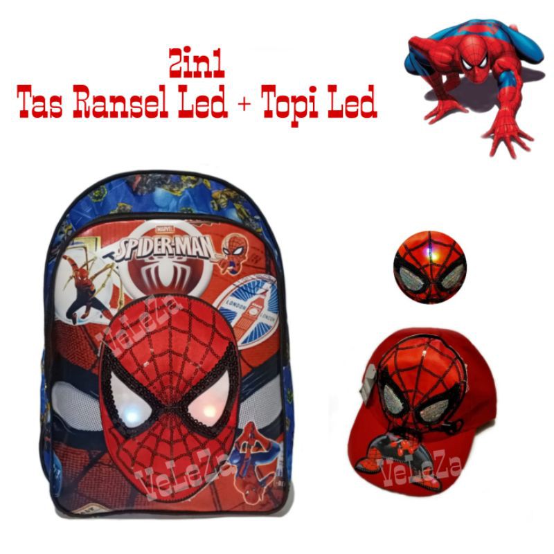 Tas Anak sekolah Laki-Laki Karakter Spiderman led mata nyala plus topi led - Tas Anak