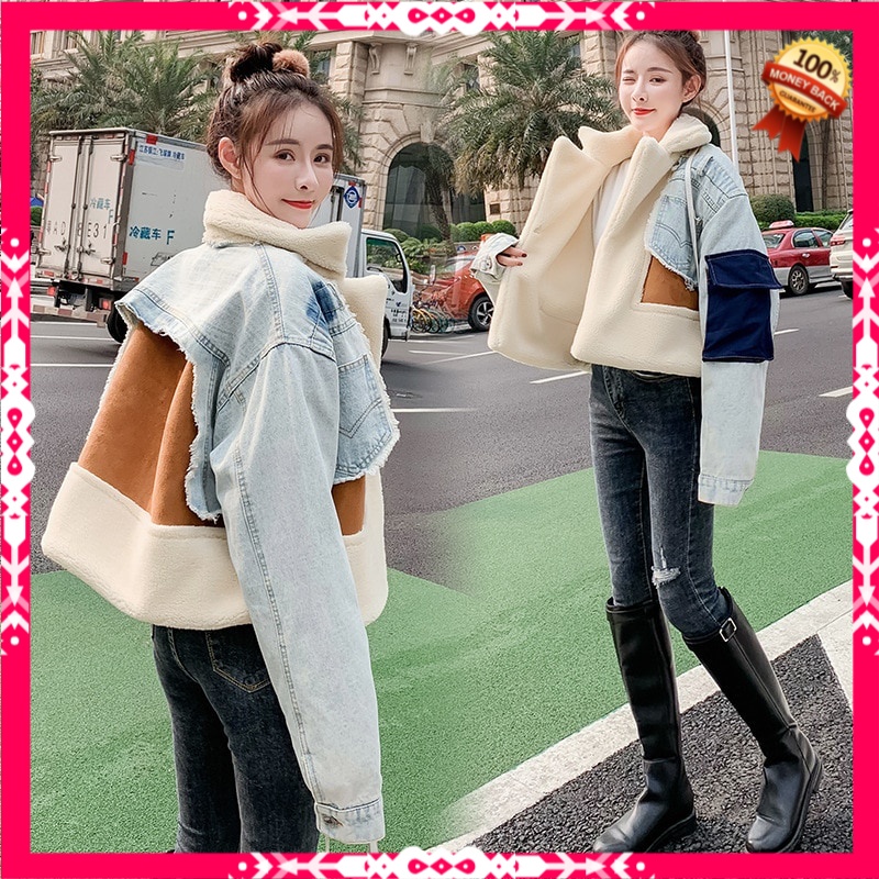 Jaket Denim Wanita Korea Bella philosophy Women Winter Warm Fuax Fur Denim Jacket Coat Vintage Splic
