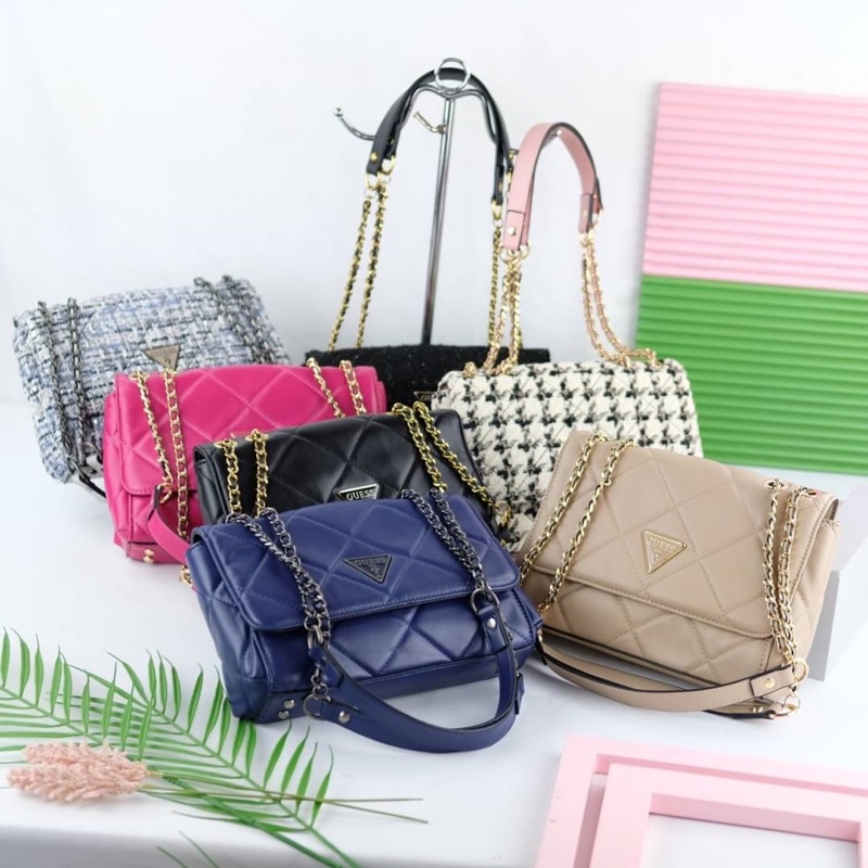 Tas Bahu Tali Rantai Wanita GS Leather Chain Strap Shoulder Bag Premium Import Hitam Black Pink Fuch