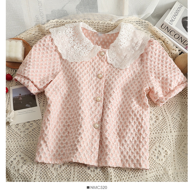 #Sisjuly# Wanita Blok Warna Berongga Boneka Kerah Single Breasted Cardigan Top Wanita Musim Panas Pe