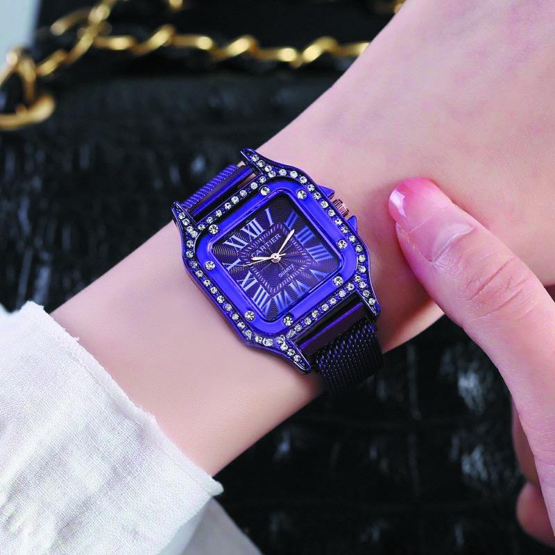 (BW) JAM TANGAN WANITA Magnet kotak  DIAMOND ANALOG CASUAL RANTAI MURAH CT-175
