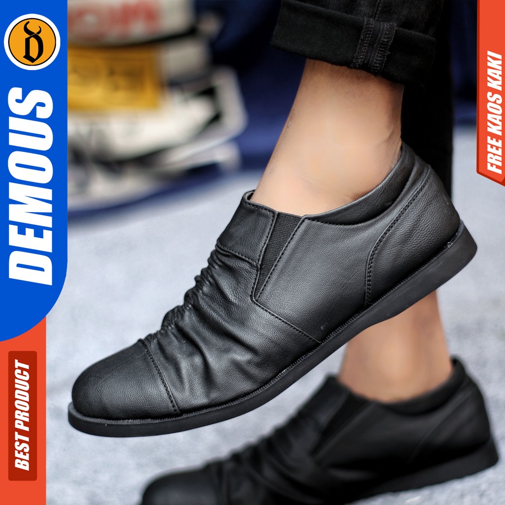 Sepatu Slip On Pria Sepatu Casual Pria Kulit Pu Kerja Kantor Kuliah Kondangan Sepatu Slop Pria Sepatu Hitam Pria DEMOUS KERUTZ