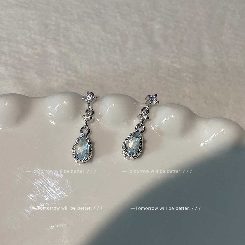 Anting Tusuk Gantung Bahan Sterling Silver 925 Hias Zircon Aquamarine Gaya Koreaelegan Untuk Wanita