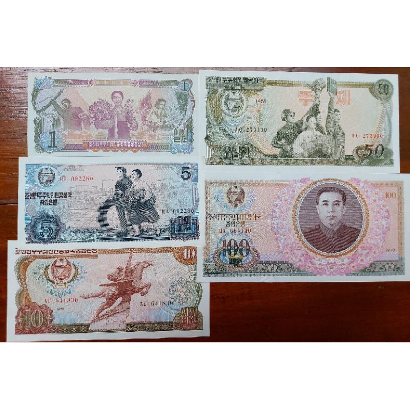 Uang Asing Kuno Negara Korea Utara 5 lembar 1,5,10,50,100 won Original 100% Kondisi UNC GRESS