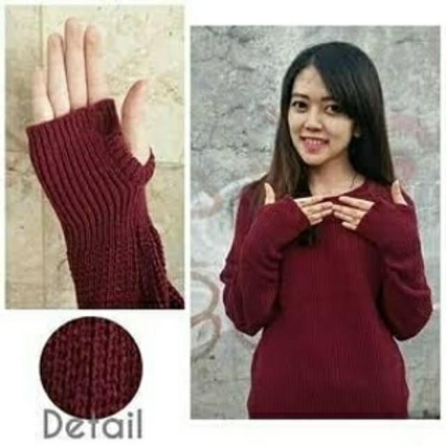 Sweater Roundhand Merah Marun Rajut Blouse Wanita Maroon Round Hand Tangan Bolong Kasual Korea Style Shopee Indonesia