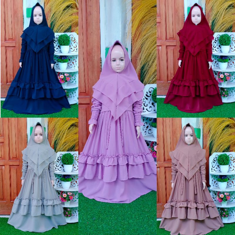 Gamis Anak perempuan Set Hijab Bahan Ceruty Babydoll polos