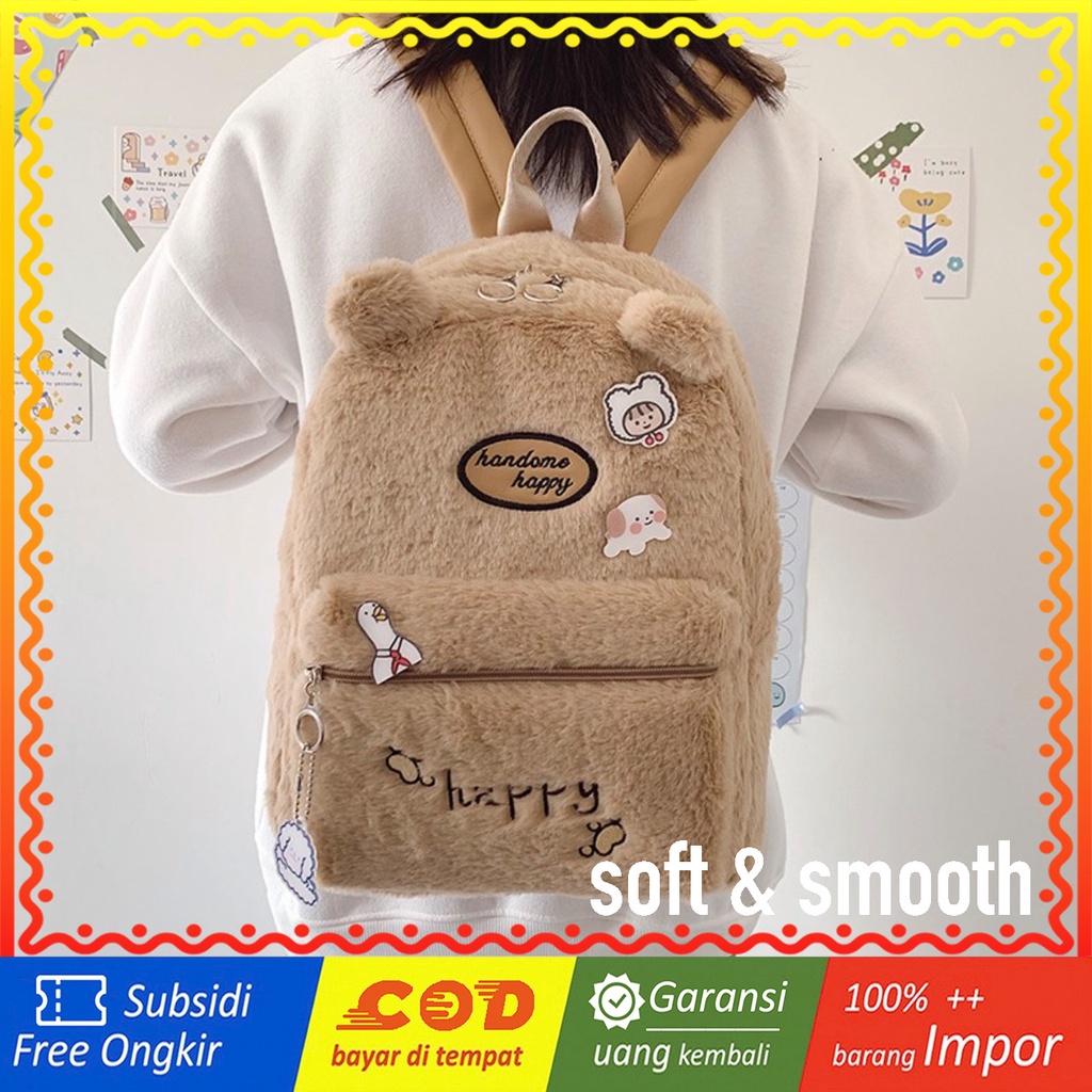 WYK84 Tas Ransel Wanita Bulu Beruang Happy Bear Backpack Feather Impor TKM