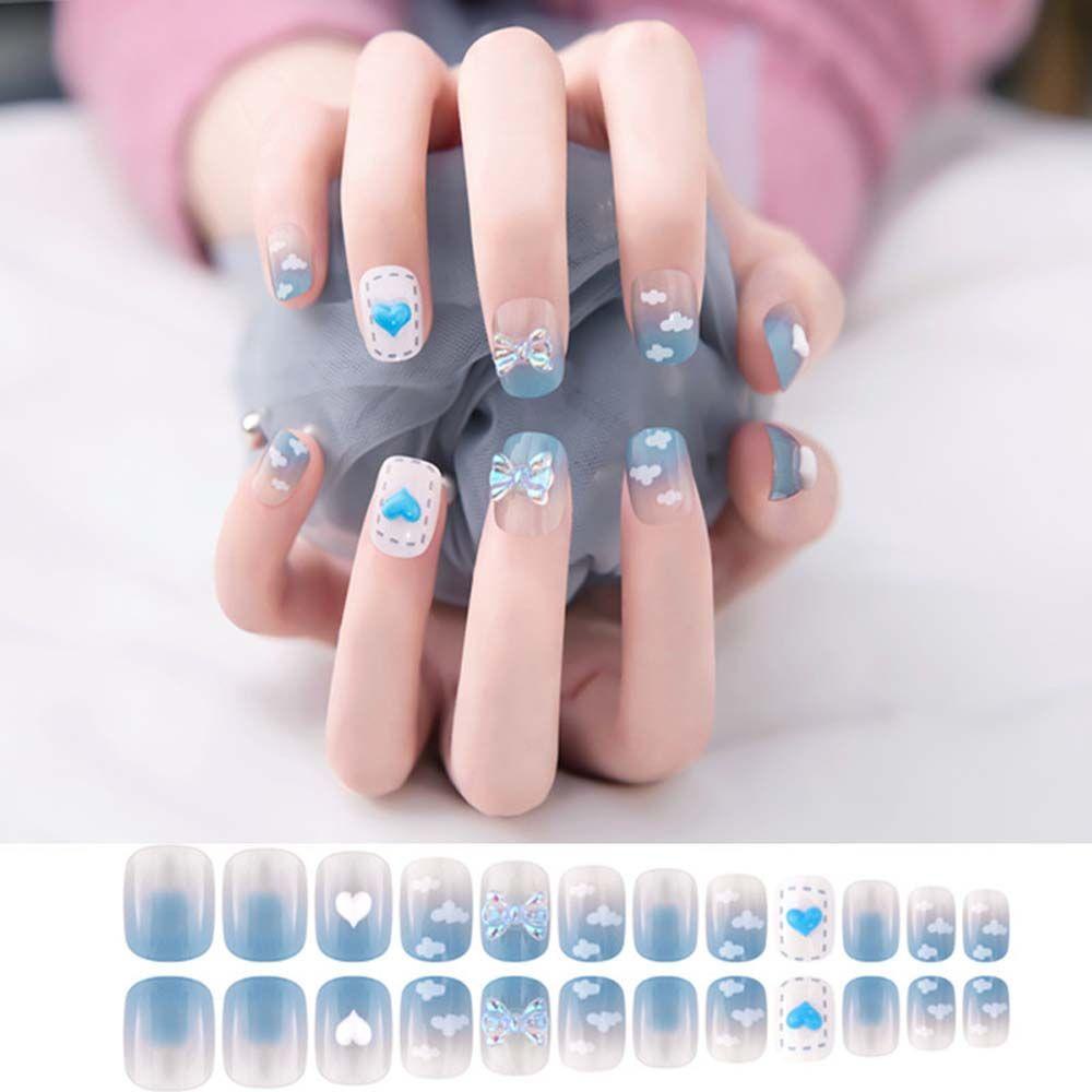 Mxbeauty Kuku Palsu Mode Profesional 3D Ujung Kuku Manicure DIY Nail Art Awan Putih Busur Penuh Penutup Kuku Palsu