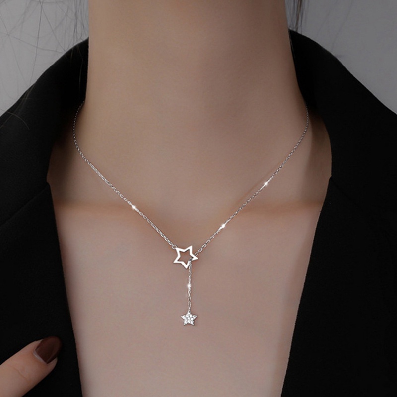 Kalung Rantai Klavikula 925 Sterling Silver Zircon Bentuk Bintang Model Rongga Untuk Wanita