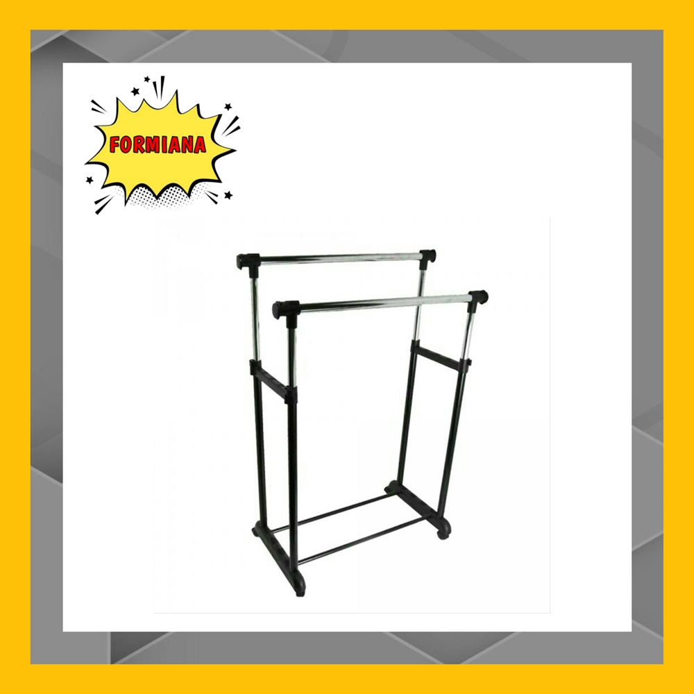 FM - Rak Gantungan baju double / Jemuran Baju / Double rod Rack 2 Tiang + roda - Stainless steel