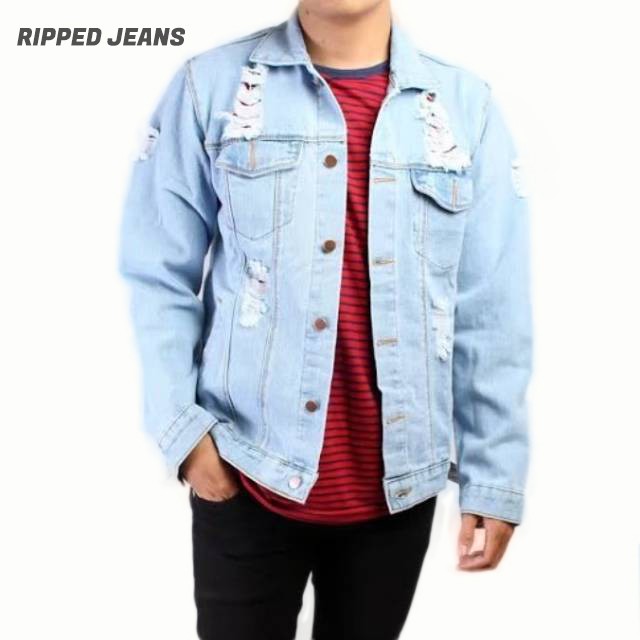 JAKET JEANS SOBEK RIPPED BIRU MUDA BIOBLITZ COWOK TERBARU