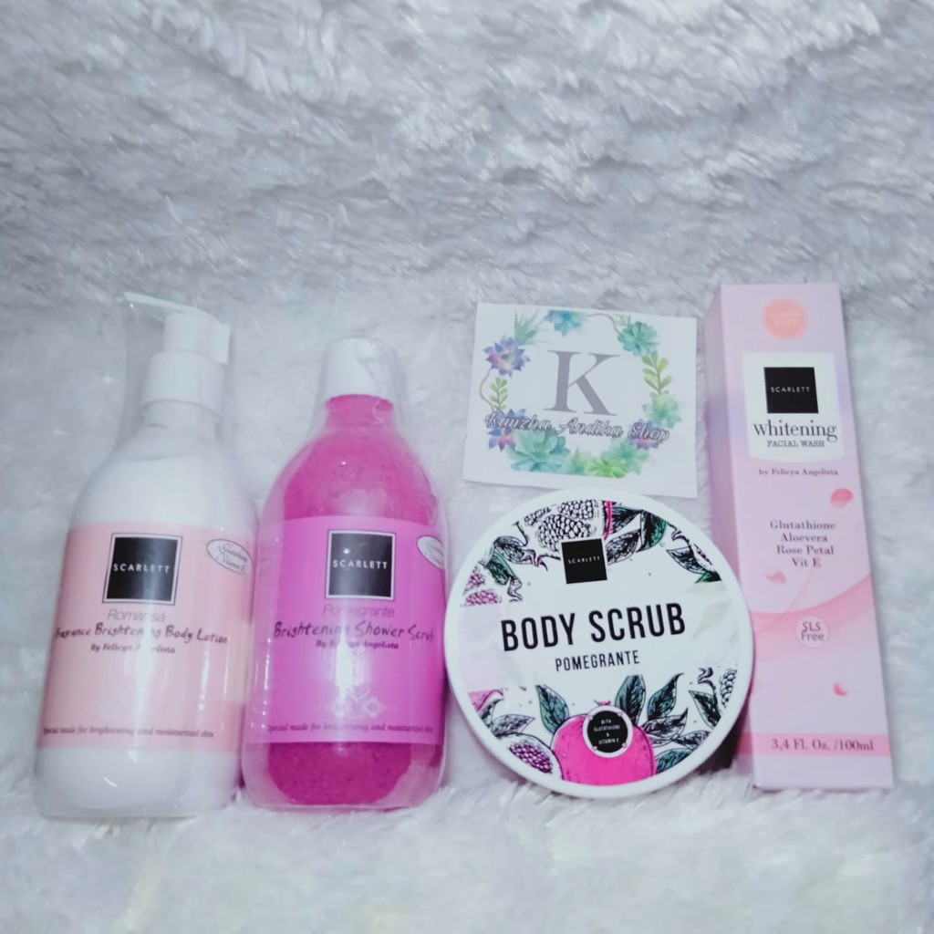 Paket SCARLETT 4 in 1 Scarlet Whitening Body Lotion Romansa - Scarlet Shower Scrub - Dan Facial Wash