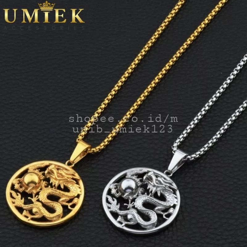 Kalung Titanium Pria emas gold silver putih perak Hitam black rantai rollo rante liontin naga cowok 