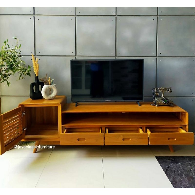BUFET CABINET TV RETRO MINIMALIS VINTAGE PANJANG 2 METER BAHAN KAYU JATI GRADE A BUFFET DRAWER PAJANGAN RUANG TAMU KELUARGA MURAH FINISHING NATURAL FURNITURE JEPARA-1