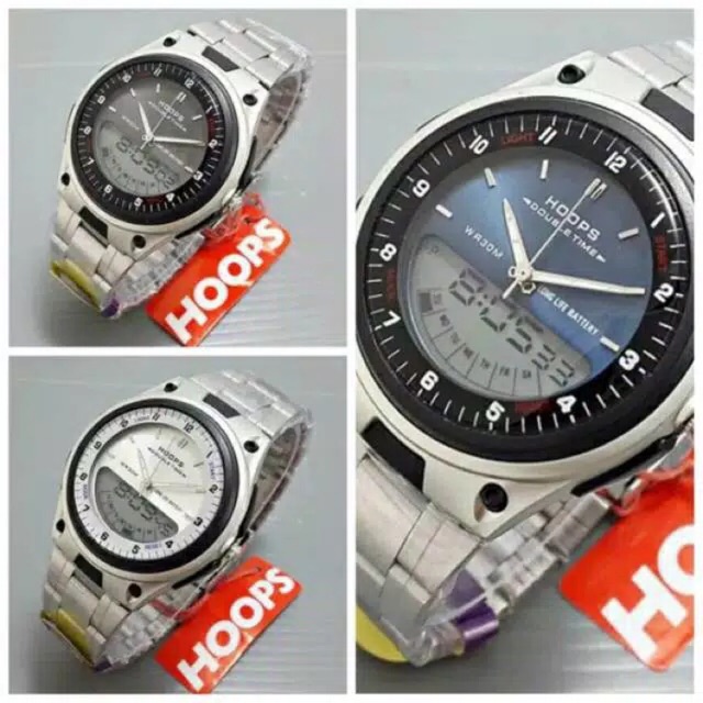 JAM TANGAN PRIA DUAL TIME STEINLESS ORIGINAL HOOPS EXCLUSIVE WATCH PRIA SILVER BAN BLACK