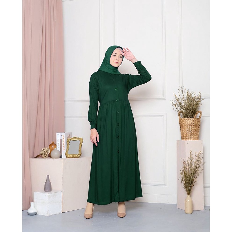 Gamis Rayon Dewasa Polos Elegan Busui Friendly Ivana Emerald Hijau Botol Gamis Kancing