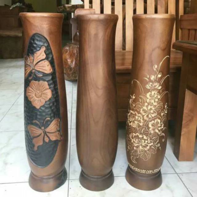 Vas bunga  kayu Jati  besar motif beragam Shopee Indonesia