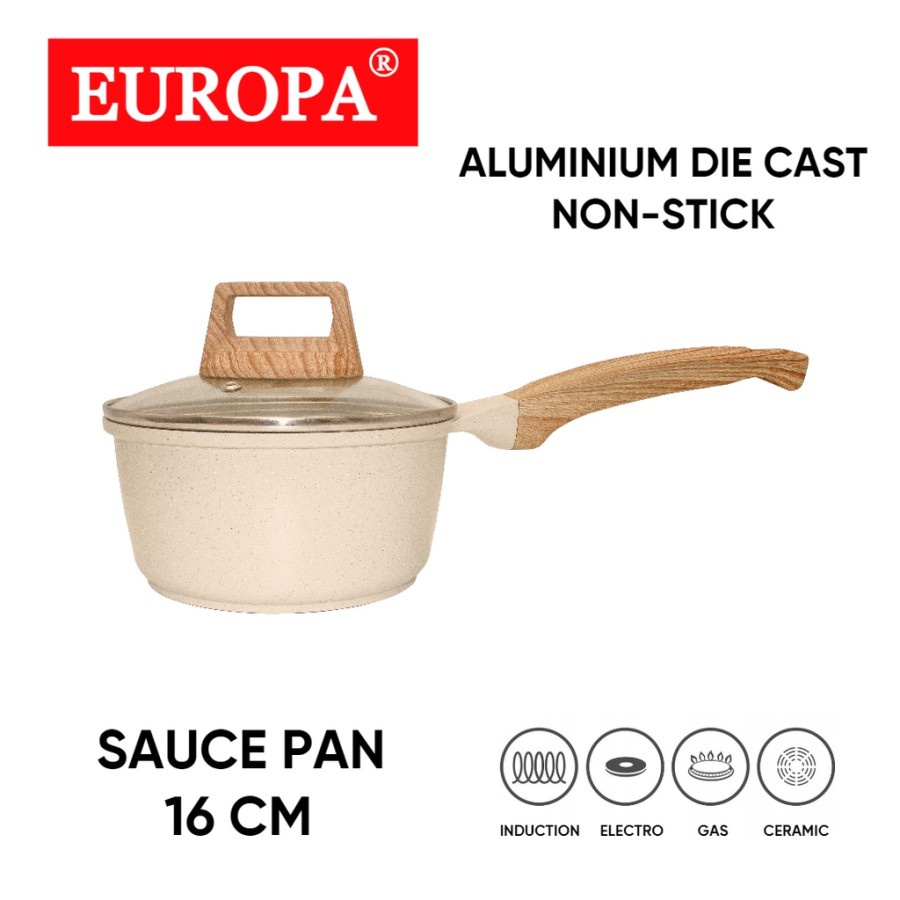 EUROPA Sauce Pan 16 cm + Glass Lid Coating Marble Panci Susu Anti Lengket