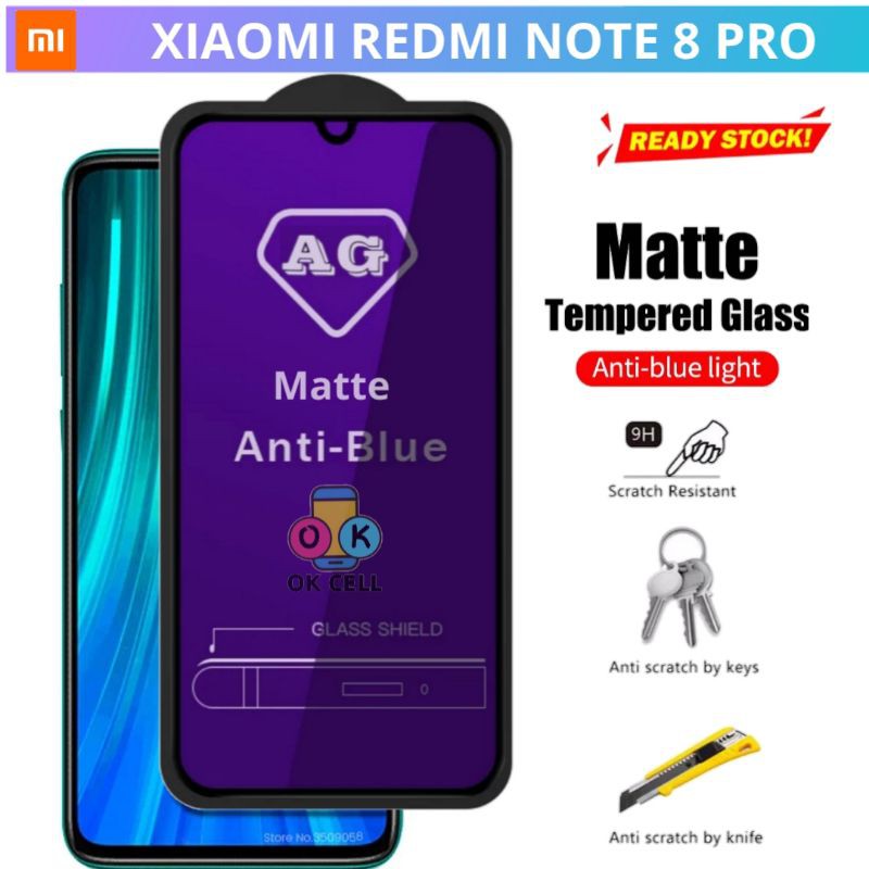 Tempered Glass Anti Blue Matte Xiaomi Redmi Note 8 Pro - TG Anti Gores Redmi Note 8Pro Full Layar