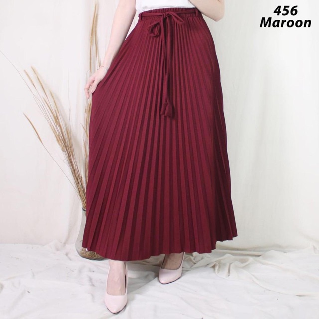 456 - BD ROK PLISKET TALI PINGGANG POLOS ABG ANAK MUDA PLEATED SKIRT FLARE MAXI PANJANG HYGET MURAH