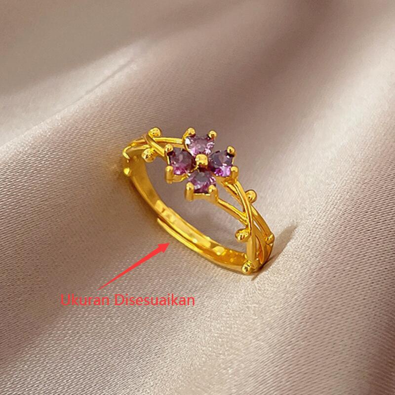 Cincin Titanium (Terbuka) Bunga Kristal Ungu Keberuntungan Perhiasan Wanita Korea