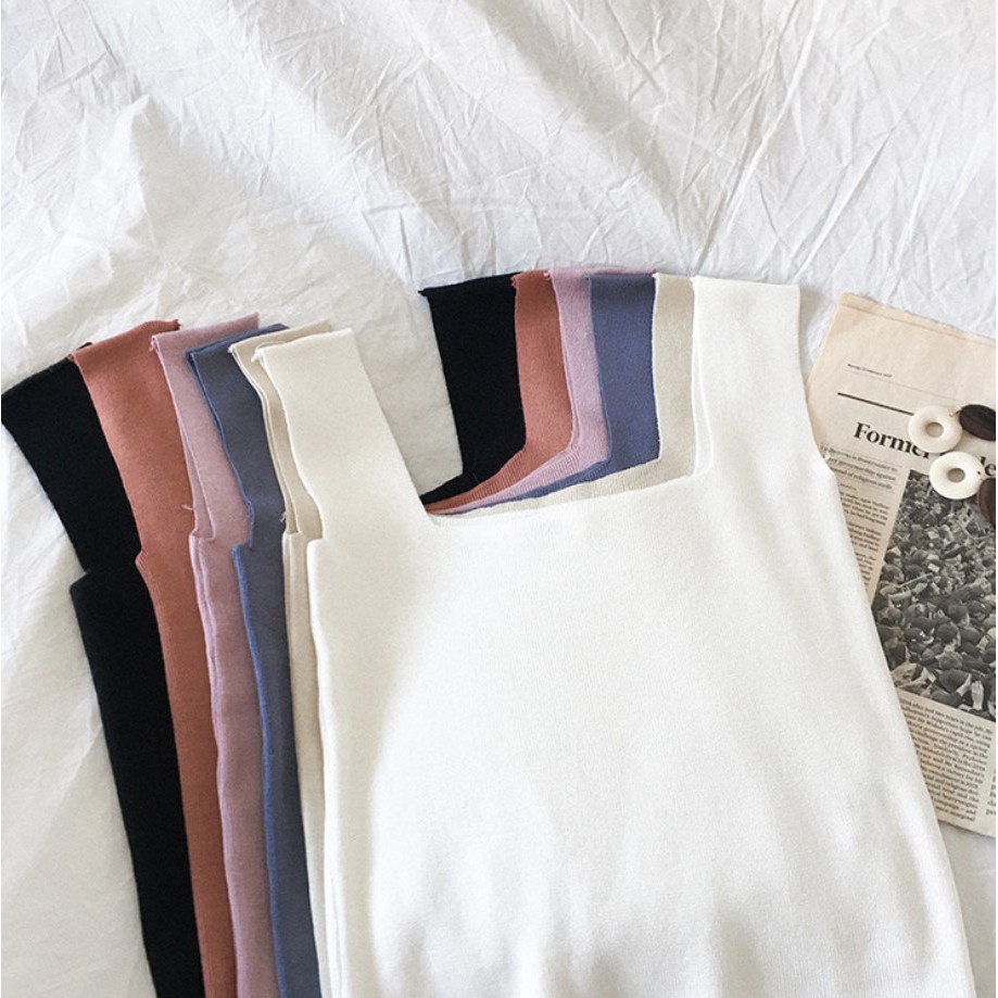 T08 tank top wanita pakaian atasan tanktop cewek korea rajut square neck inner wear-1