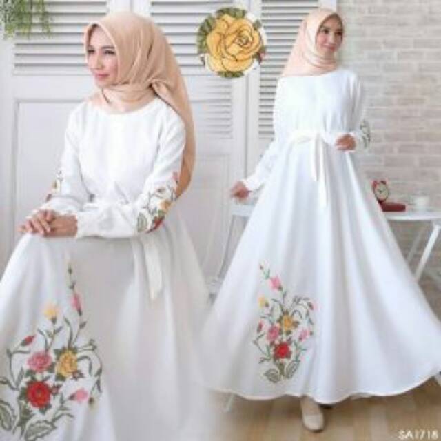 READY BRANDED ORIGINAL GAMIS SYARI SA 178 White Putih Bordir Mawar